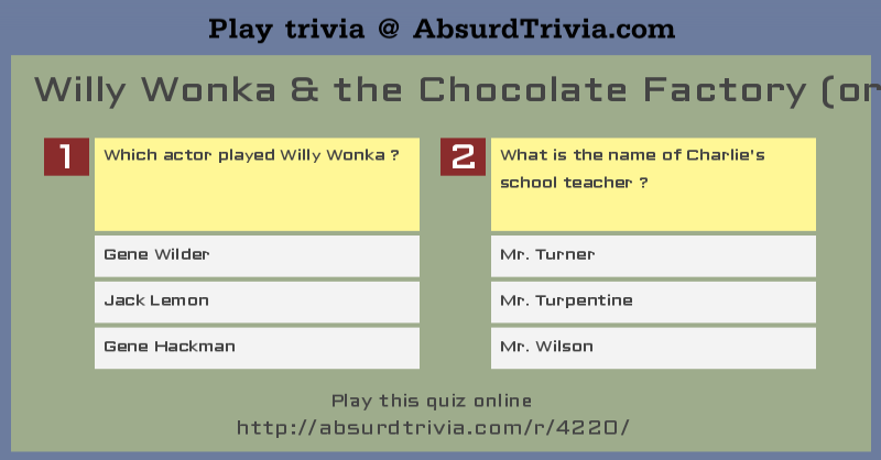 Trivia Quiz Willy Wonka The Chocolate Factory Original